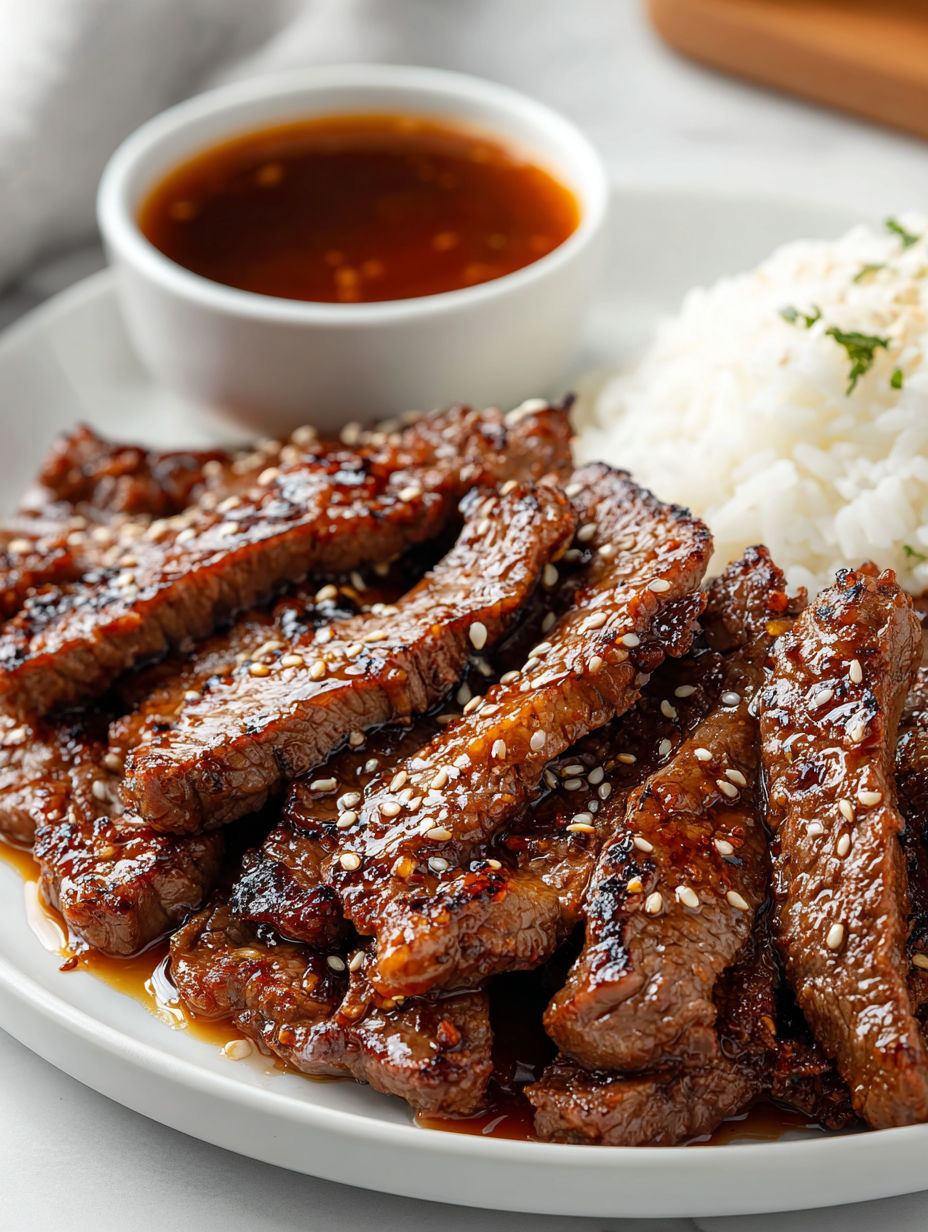 A plate of honey-glazed steak strips.