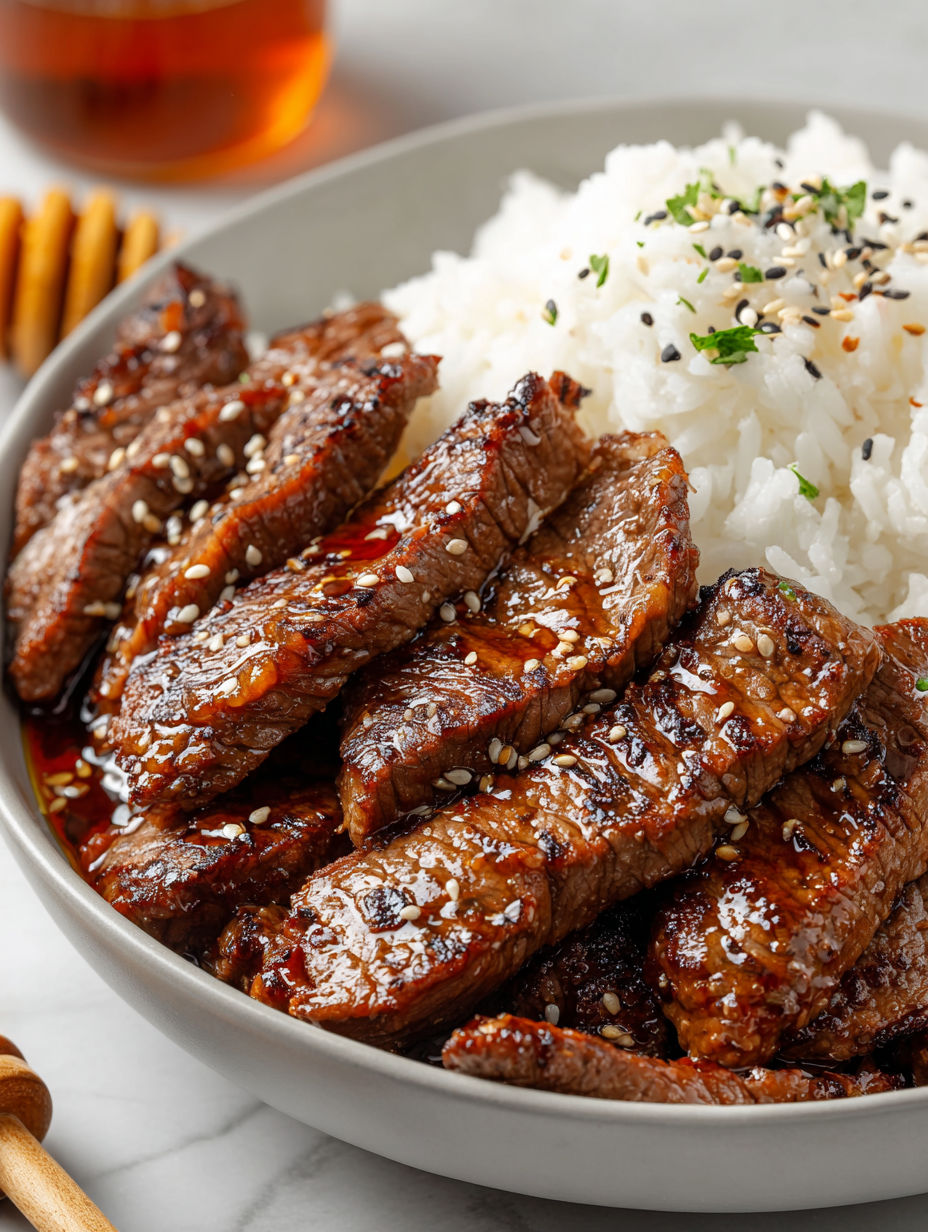 A bowl of honey-glazed steak strips.