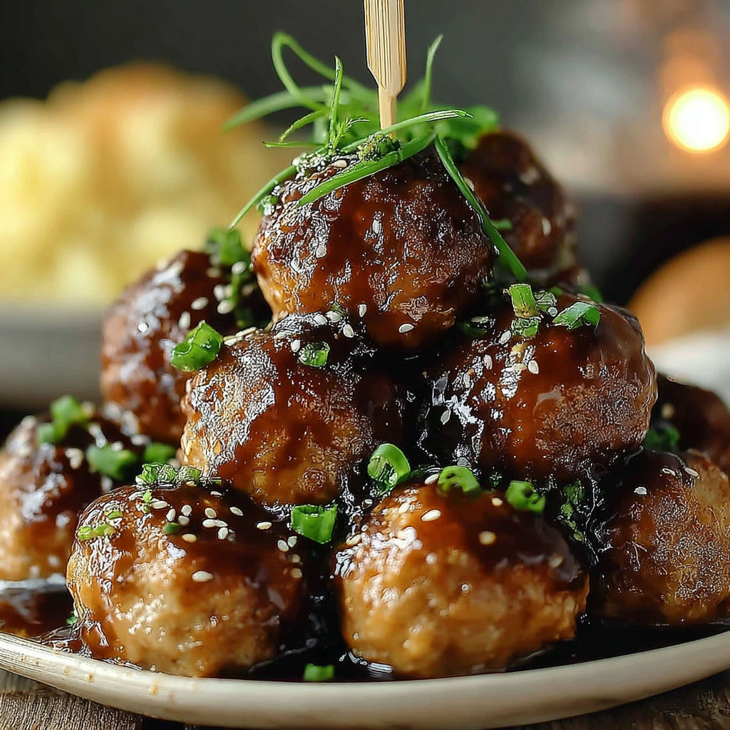 A plate of meatballs covered in honey buffalo sauce.