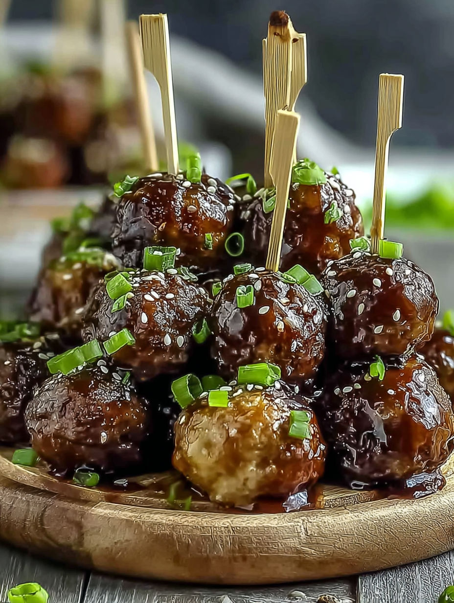 A plate of meatballs with sauce on a wooden table.