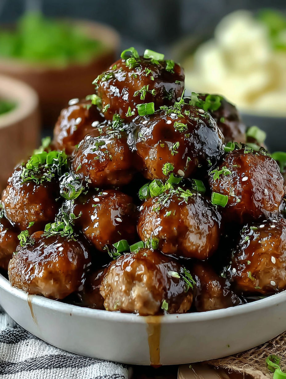 A plate of meatballs covered in honey buffalo sauce.