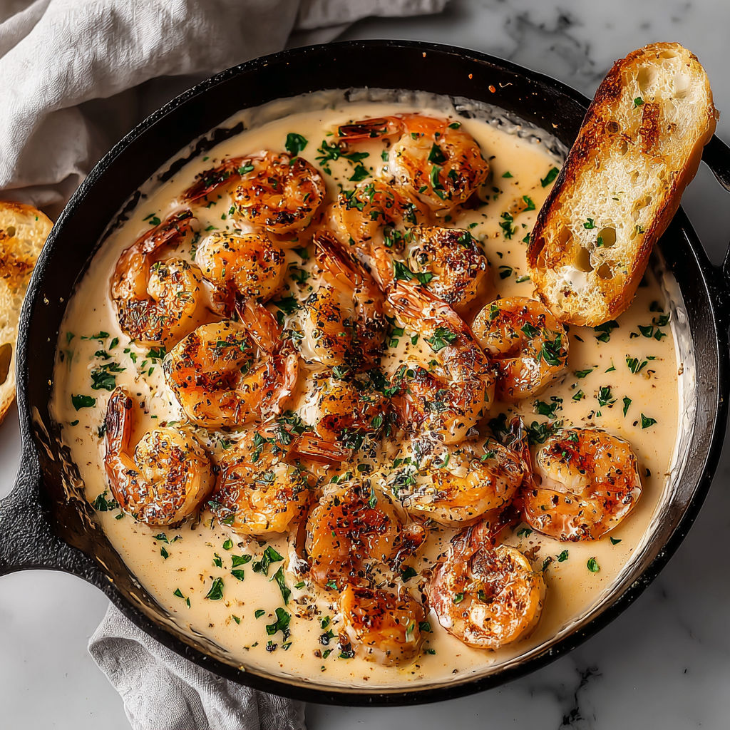 A bowl of creamy garlic shrimp with bread.
