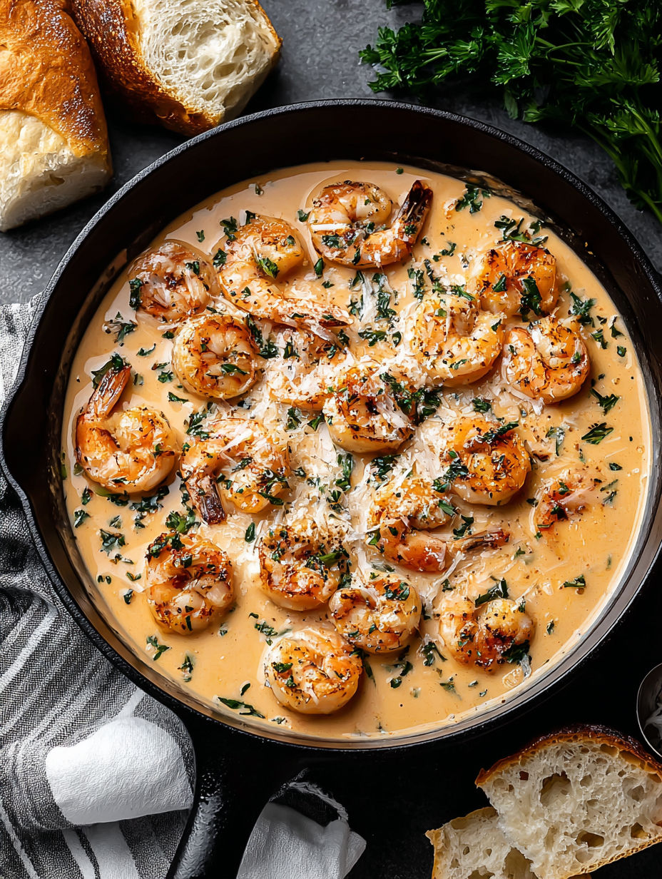 A pan of creamy garlic shrimp.