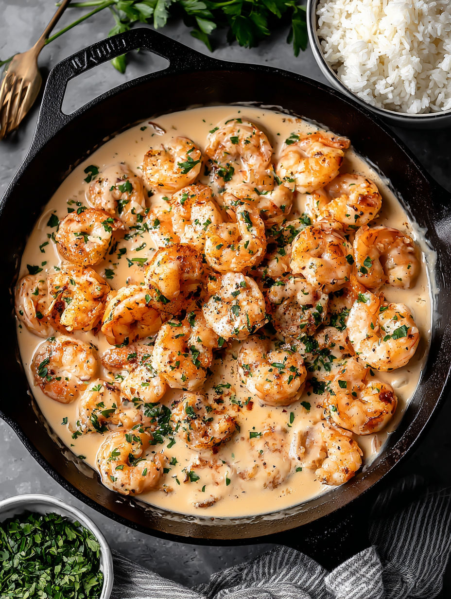 A pan of shrimp in a creamy garlic sauce.
