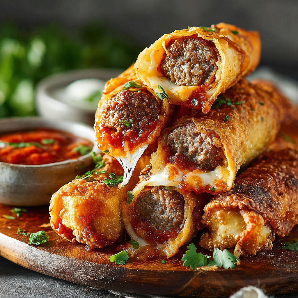 Meatball sub egg rolls on a wooden platter.