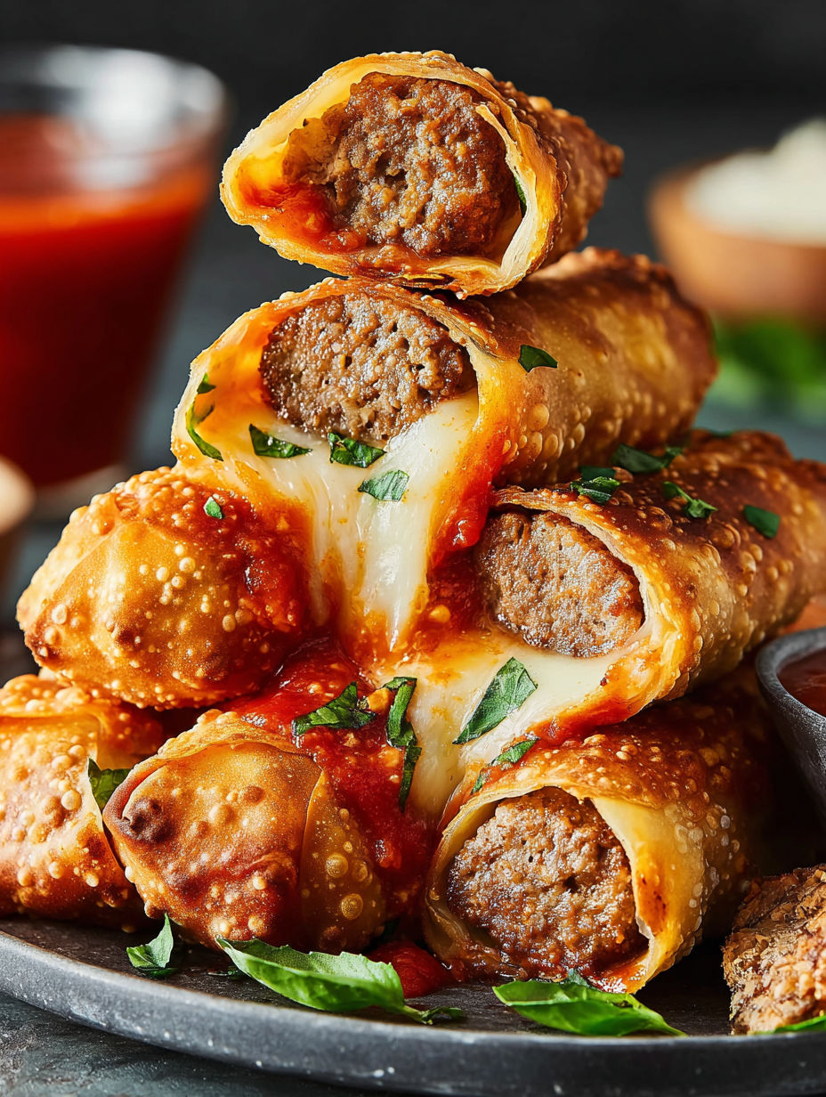 Meatball sub egg rolls with marinara sauce.