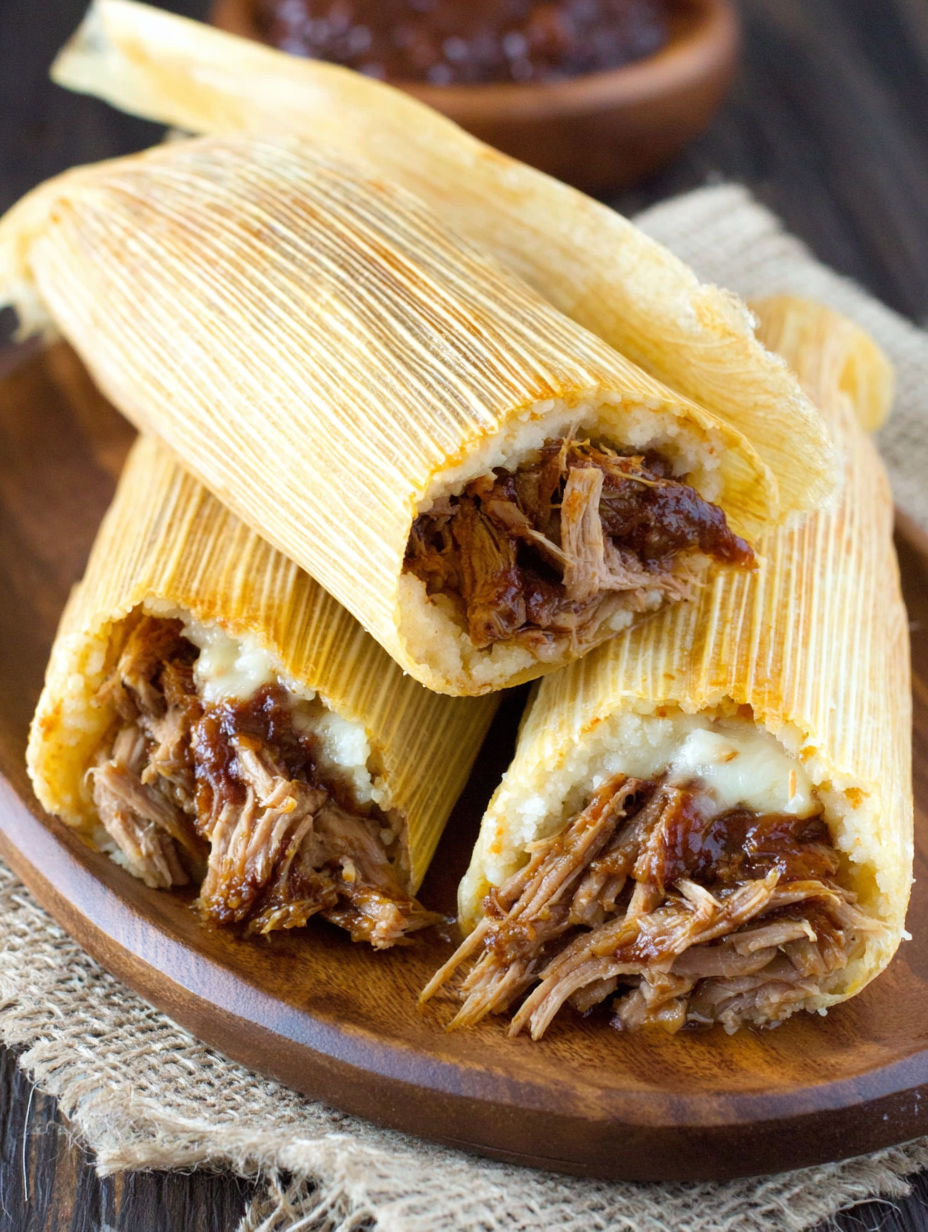 A plate of pork tamales with a brown sauce.