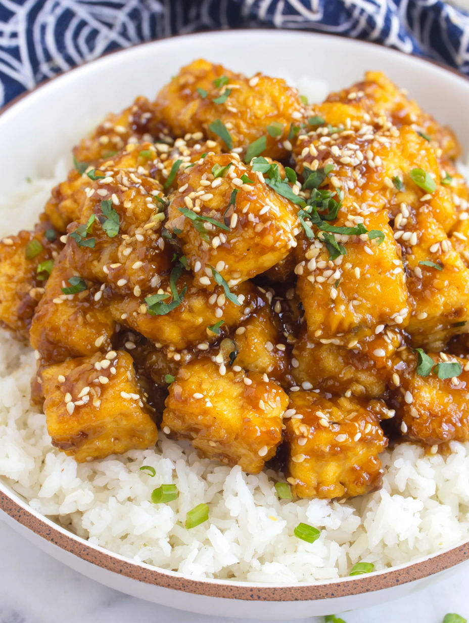 A bowl of crispy honey garlic tofu.