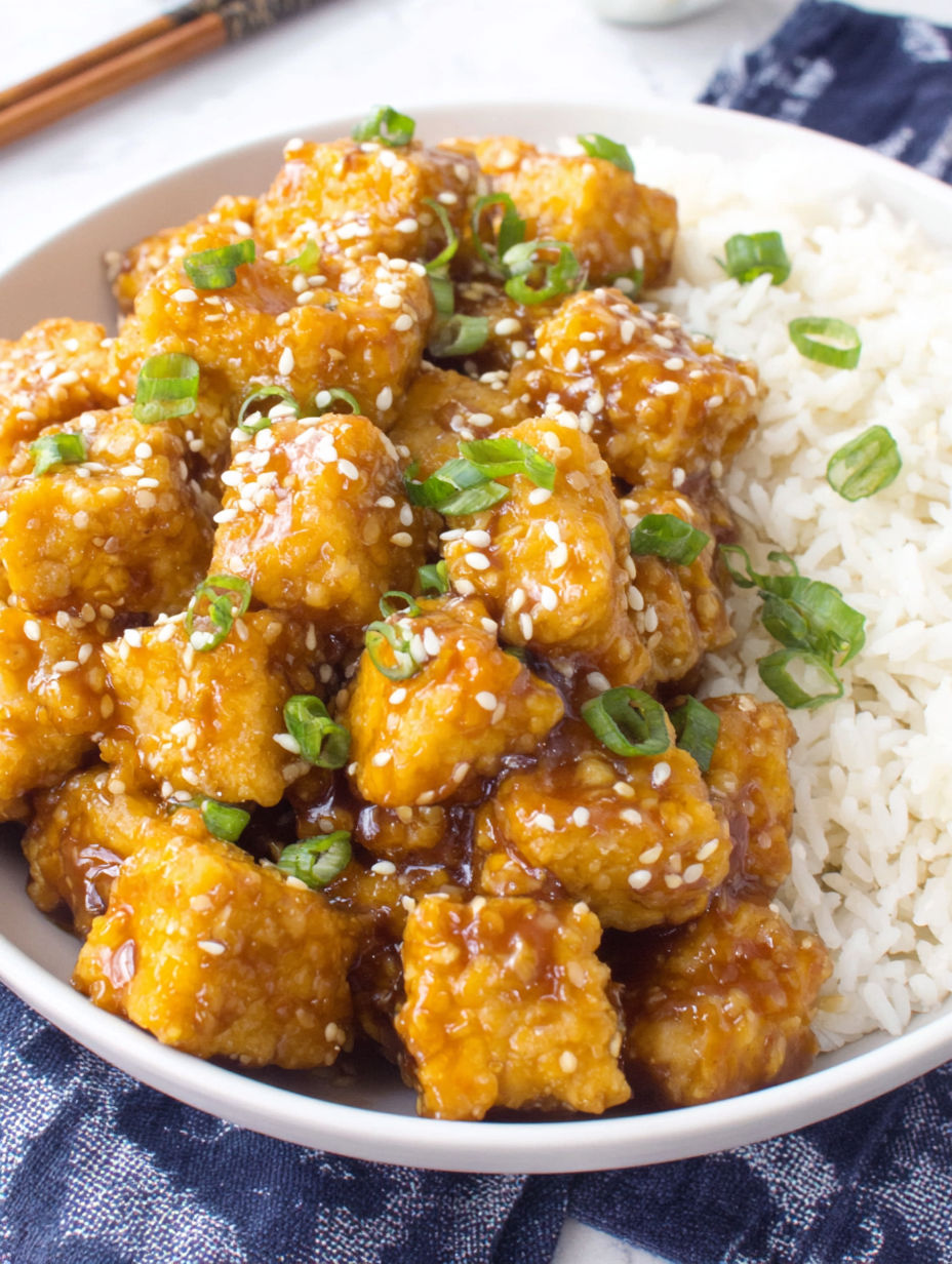 A bowl of crispy honey garlic tofu.