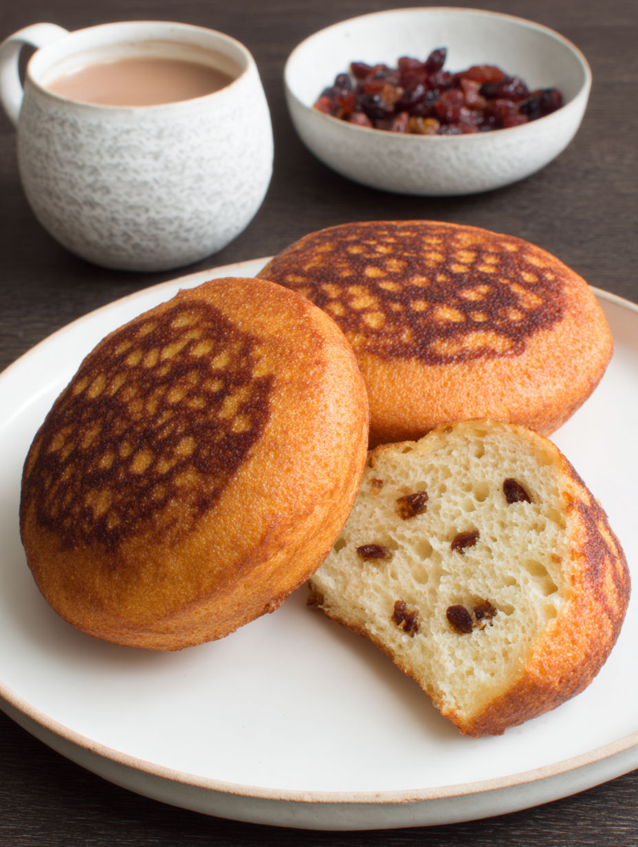 A plate of toasted teacakes with a slice missing.