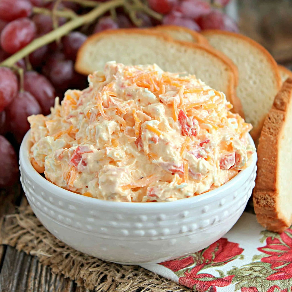 A bowl of pimento cheese with a loaf of bread and grapes.