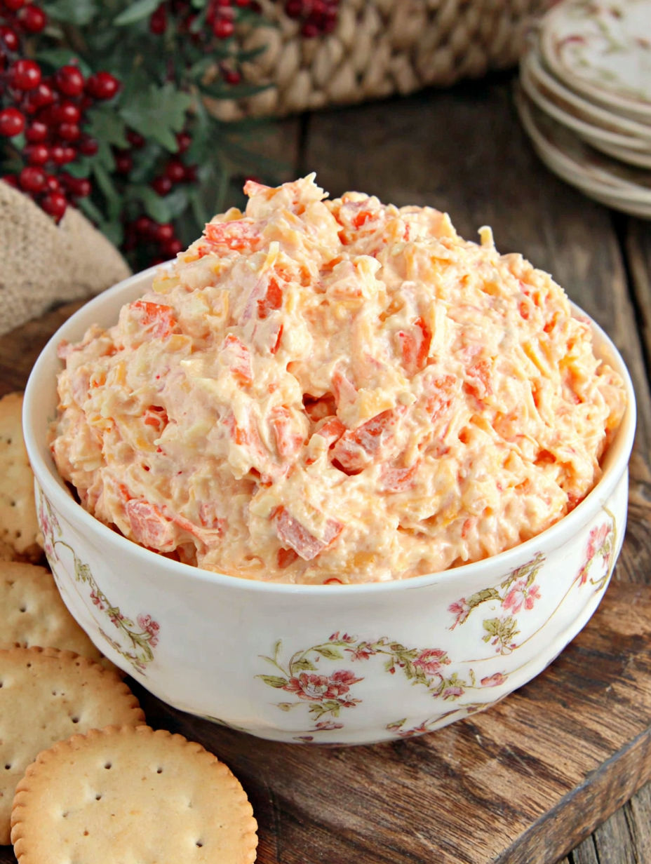 A bowl of pimento cheese sits on a table.
