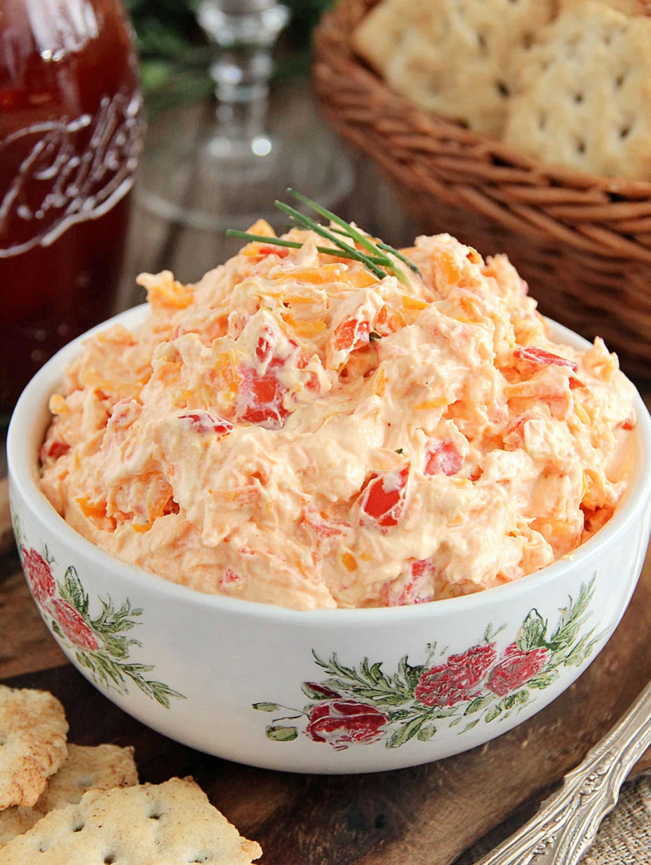 A bowl of pimento cheese with a spoon in it.