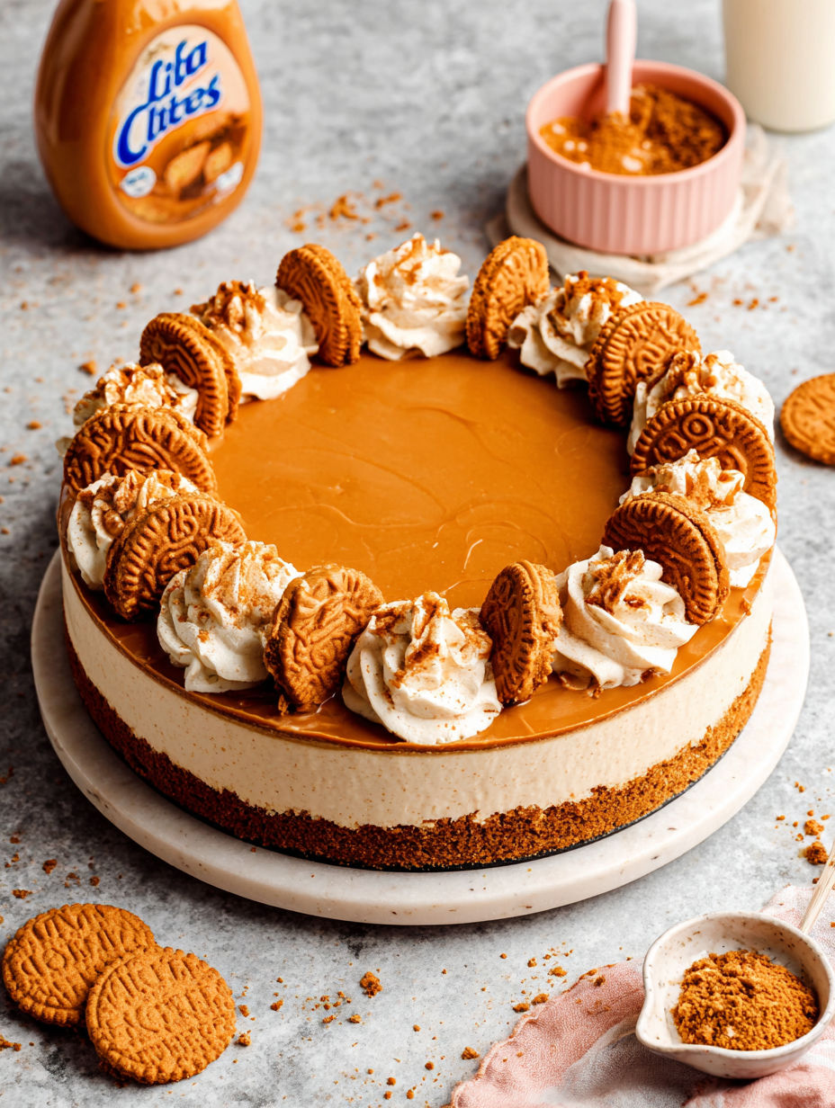 A slice of No Bake Biscoff Cheesecake.