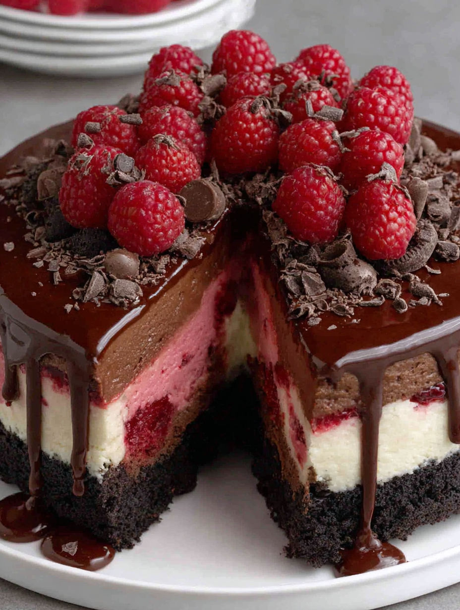 A slice of dark chocolate raspberry cheesecake.