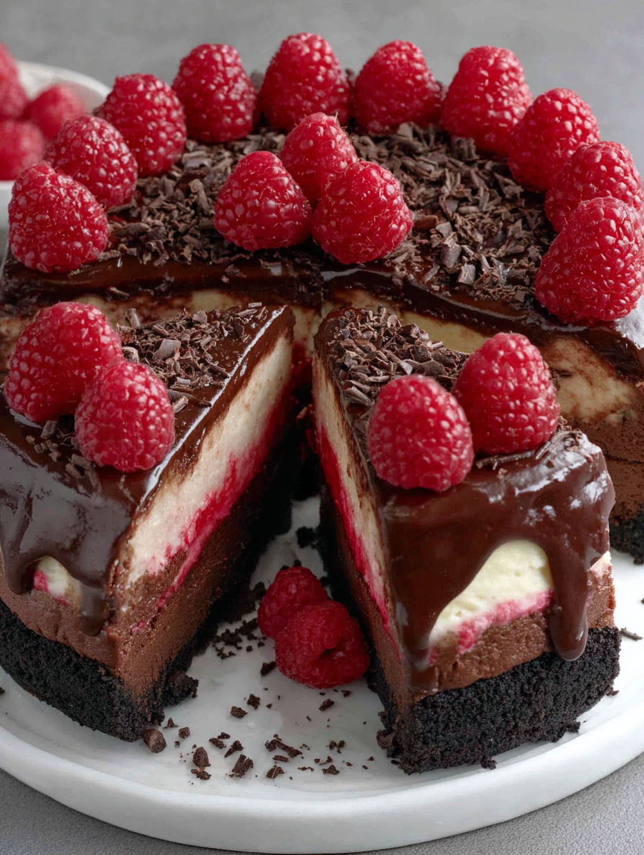 A slice of dark chocolate raspberry cheesecake.