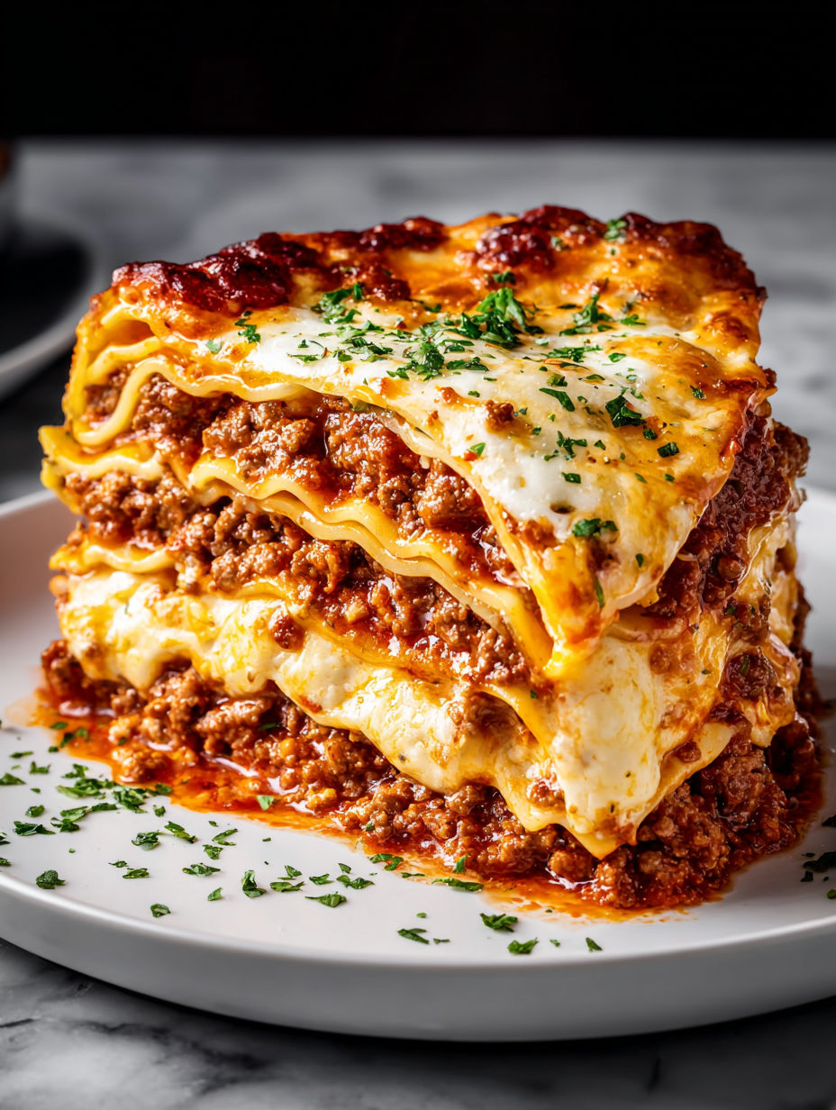 A stack of beef lasagna on a plate.