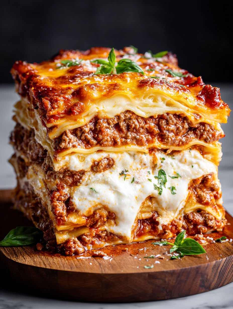 A stack of beef lasagna.