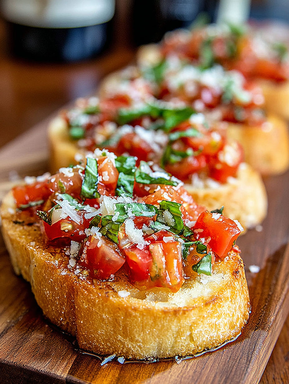 A plate of garlic bread with tomatoes and basil.