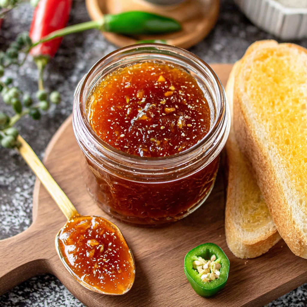 A jar of jalapeno jam is on a wooden cutting board.