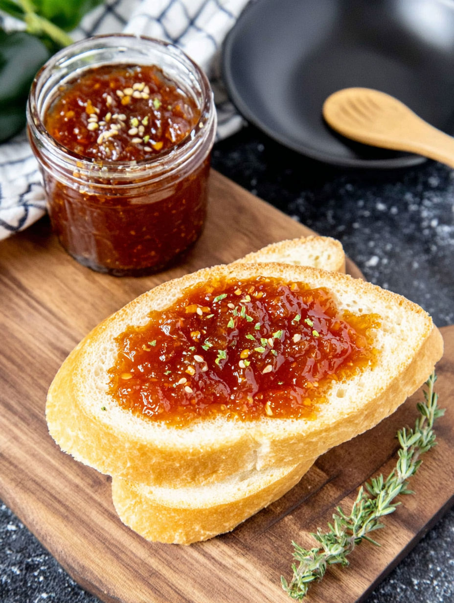 A jar of jam on a wooden table.