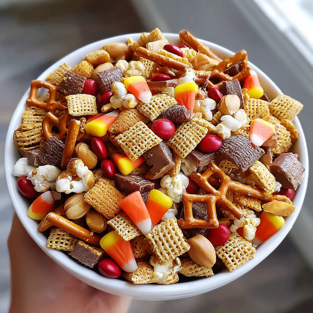 A bowl of Halloween Harvest Hash Chex Mix.