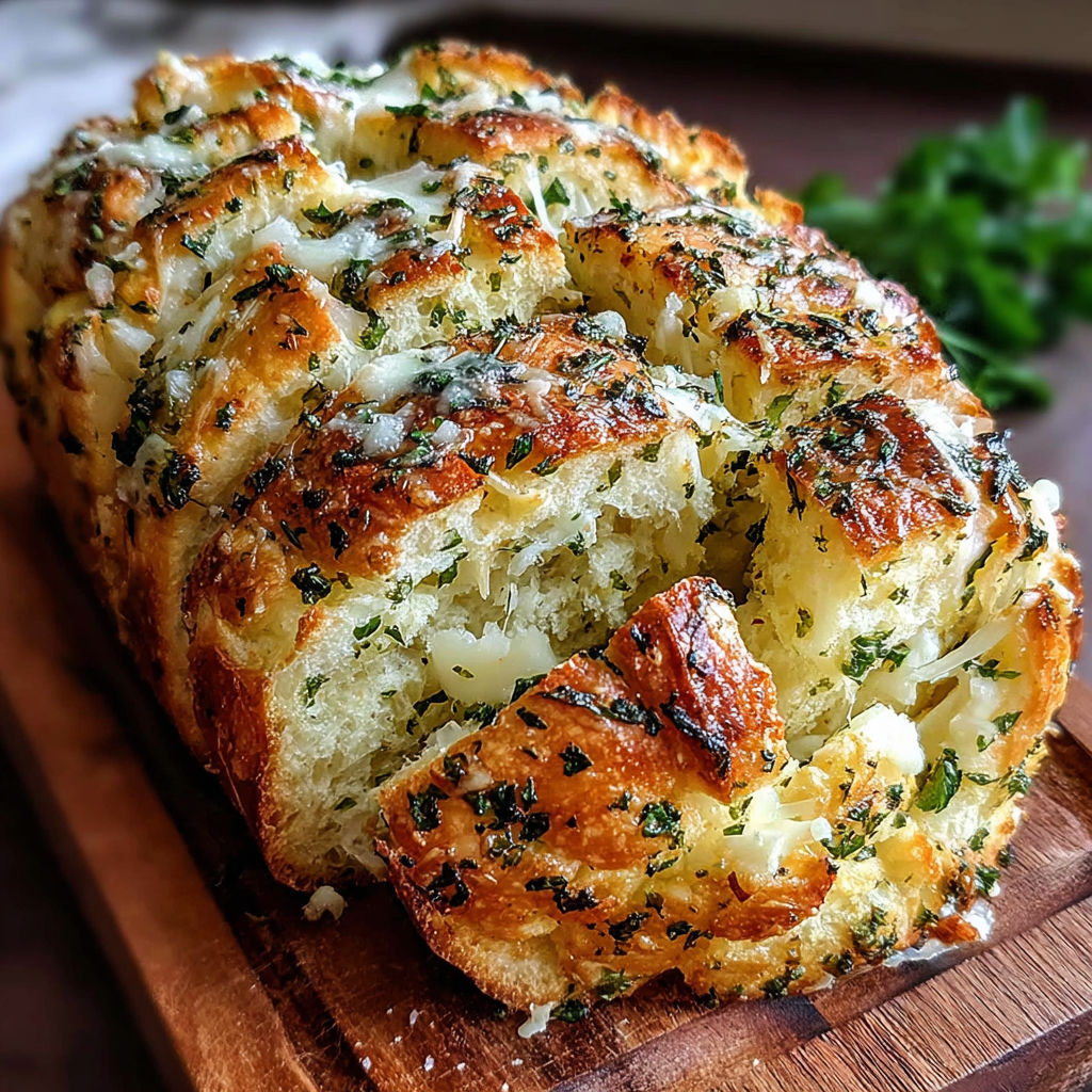 A loaf of bread with cheese and herbs on top.