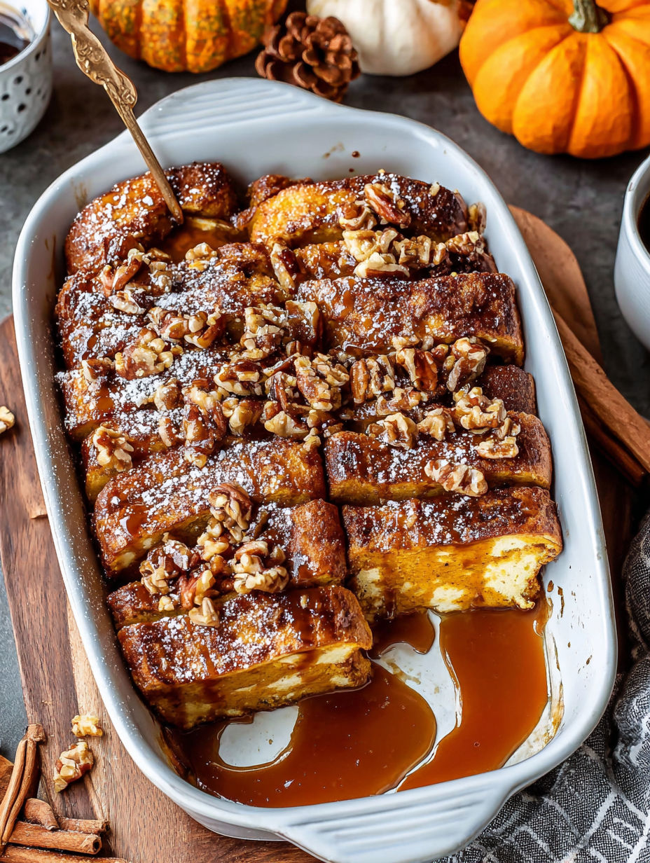 A delicious casserole with a pumpkin topping.