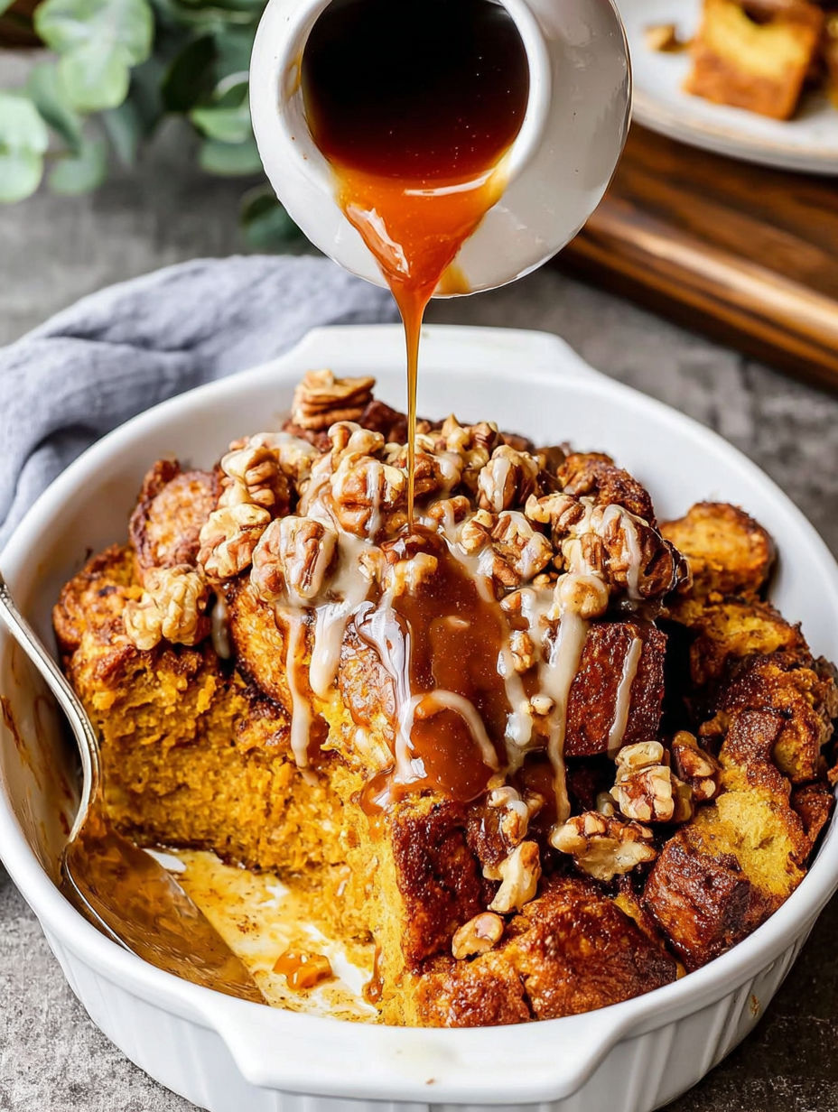 A bowl of pumpkin French toast casserole with caramel drizzled on top.