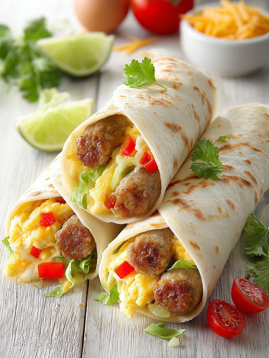 A breakfast burrito with eggs, sausage, and peppers.