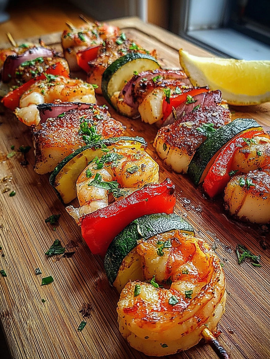 Grilled seafood skewers on a wooden platter.