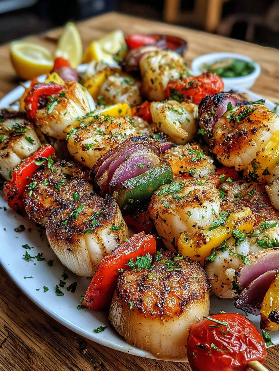 Grilled seafood skewers with a variety of vegetables.