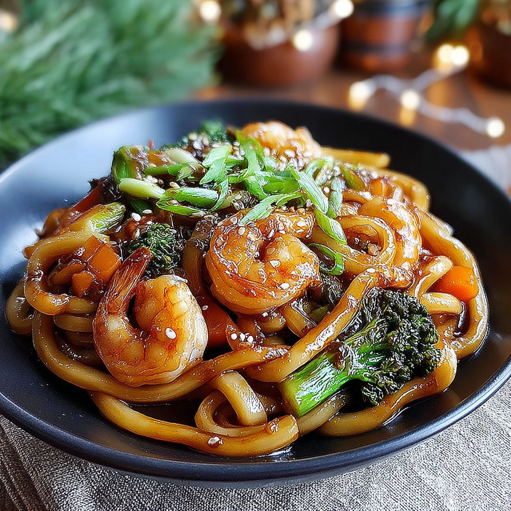 A bowl of Yaki Udon with Shrimp.