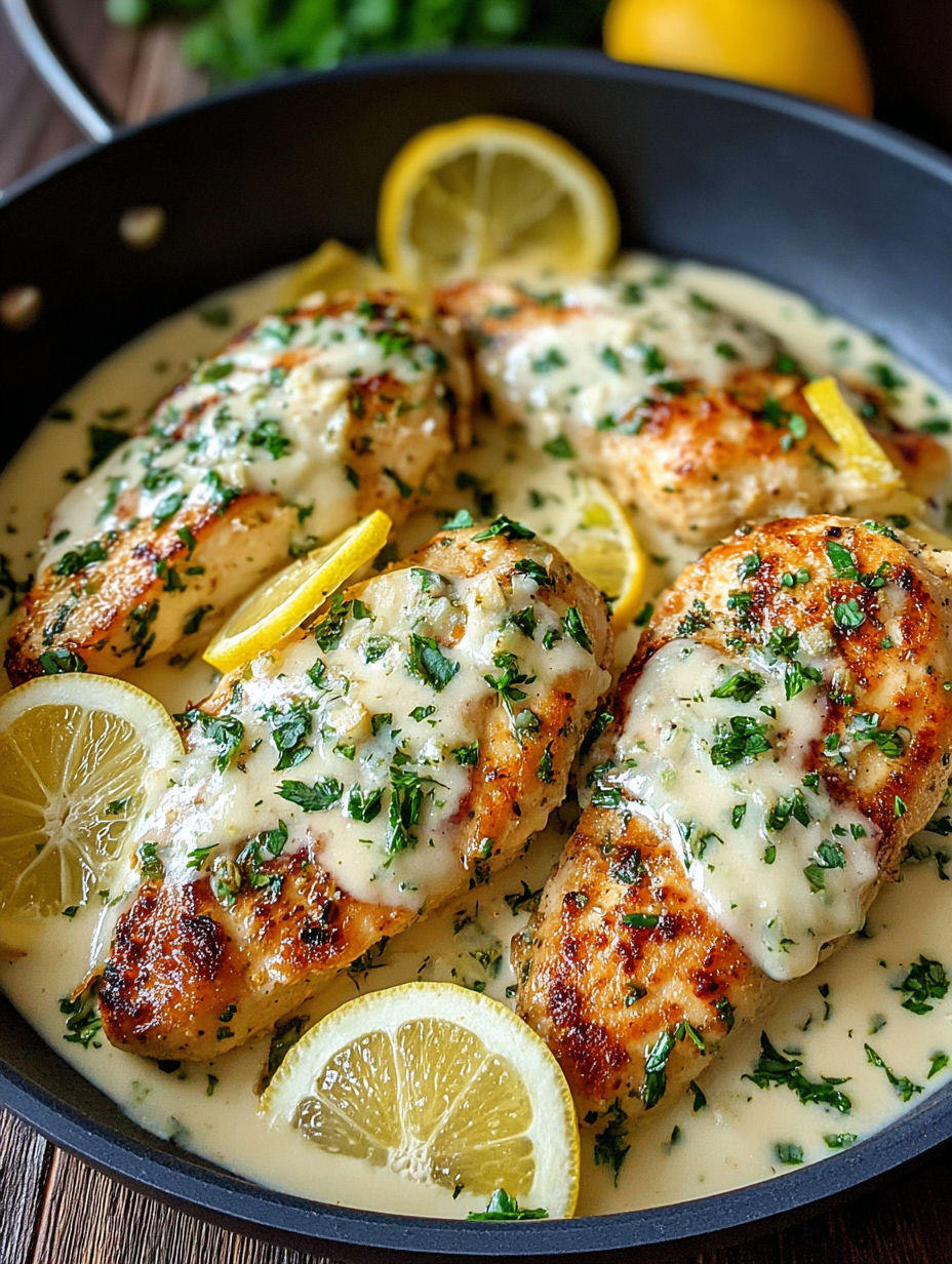 A pan of chicken with lemon and parmesan sauce.