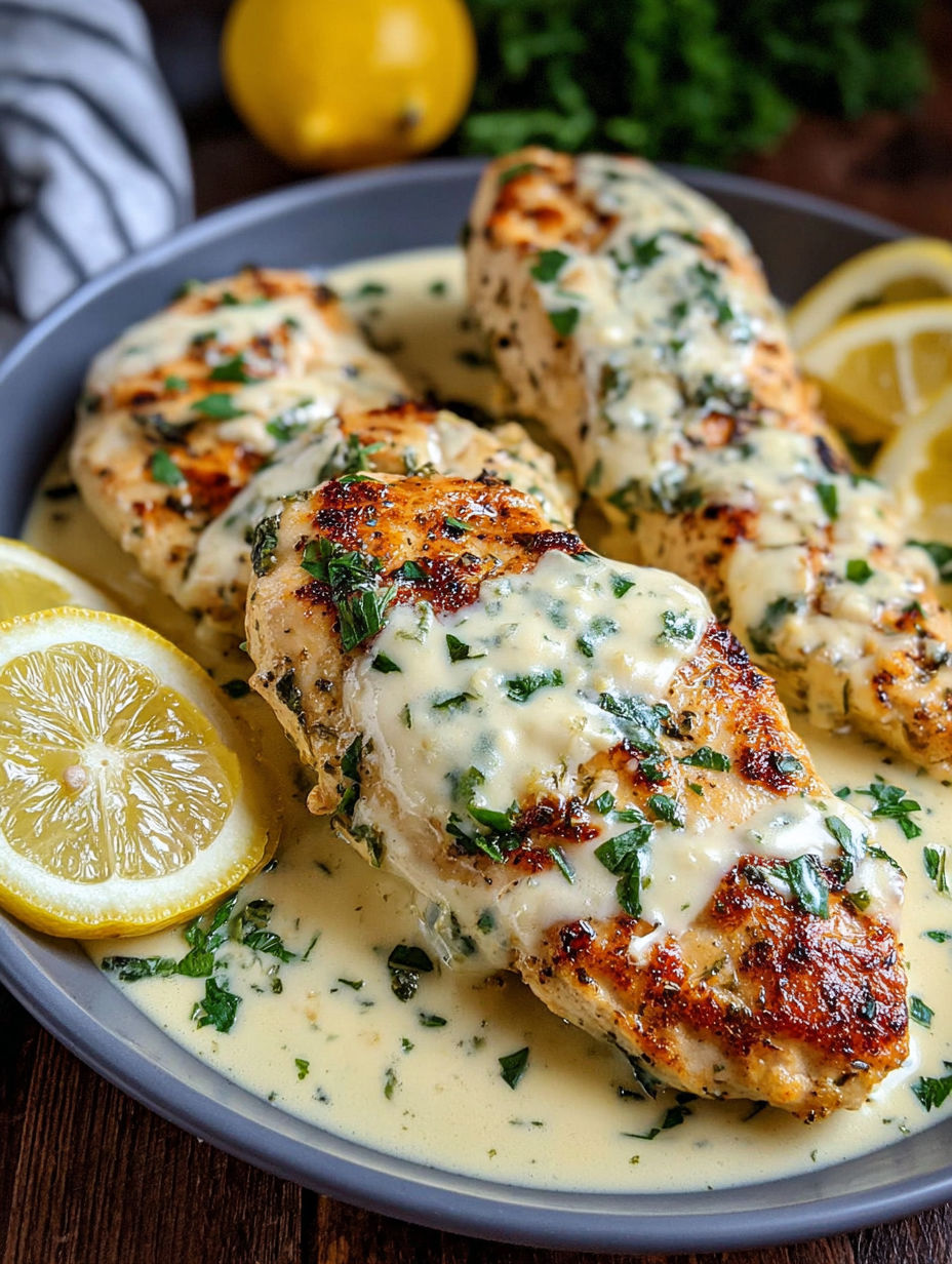 A plate of chicken with a creamy lemon sauce.