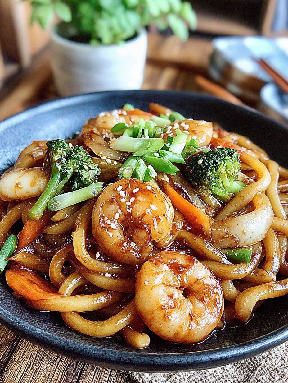 A plate of Yaki Udon with Shrimp.