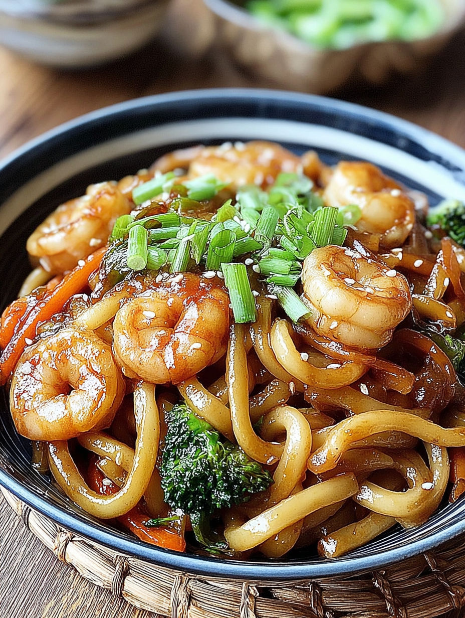A bowl of Yaki Udon with Shrimp.