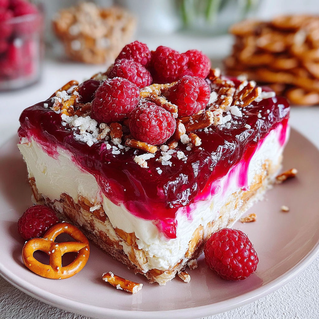 A slice of raspberry pretzel salad on a plate.