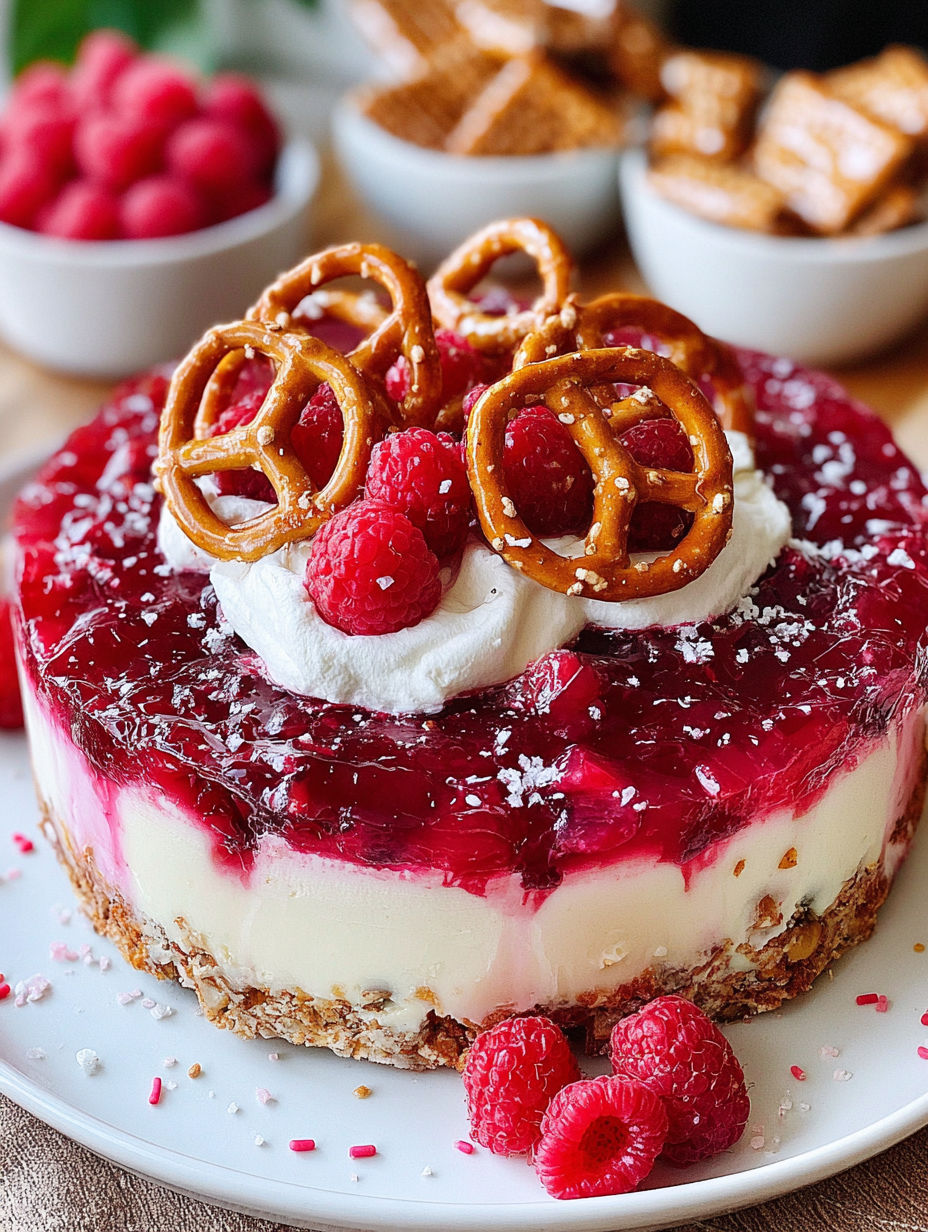 A slice of a raspberry pretzel salad.