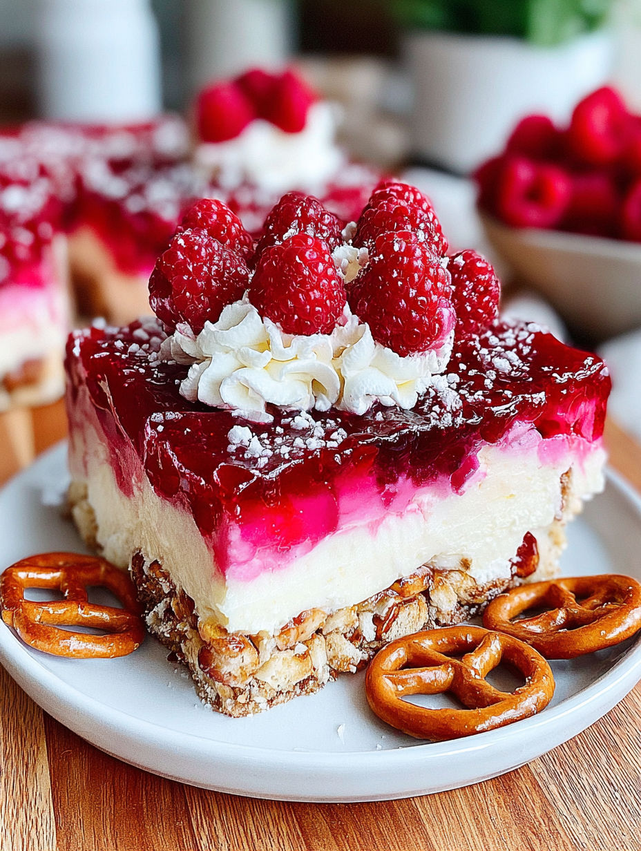 A slice of raspberry pretzel salad on a plate.