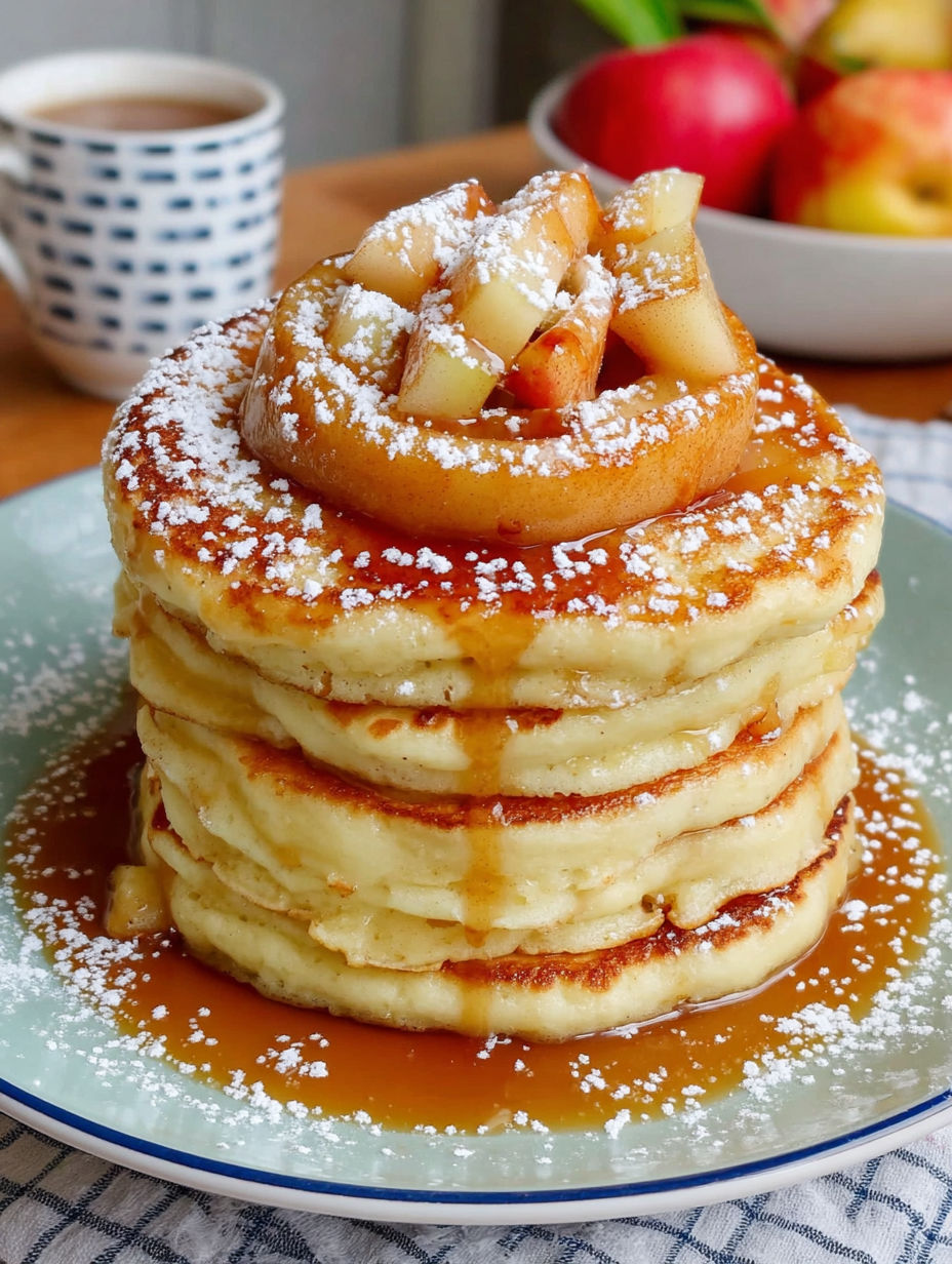 A stack of pancakes with a ring of apple on top.