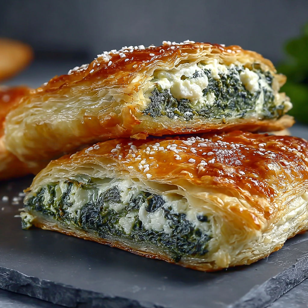 Two pieces of flaky spinach feta puff pastry.