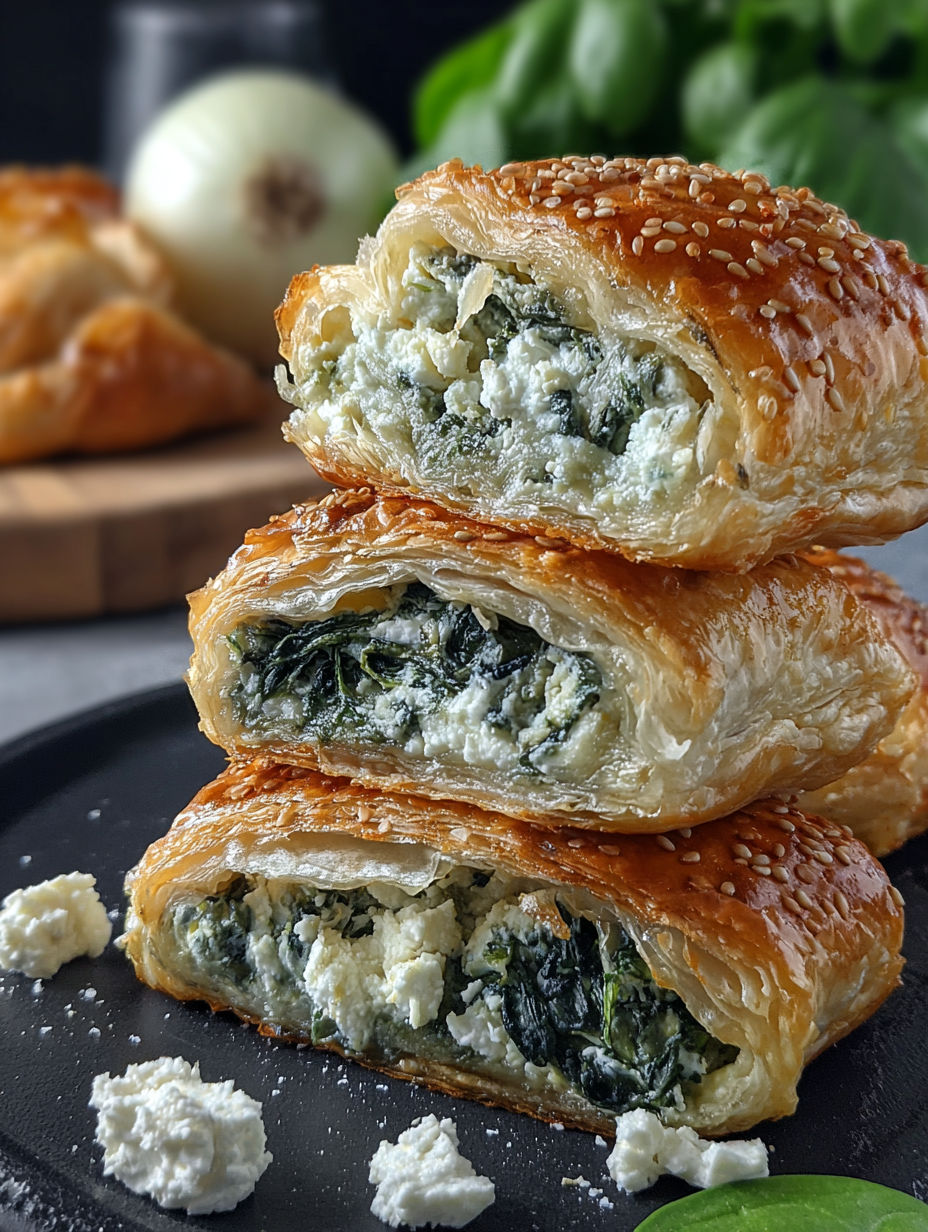 A stack of flaky spinach feta puff pastries.