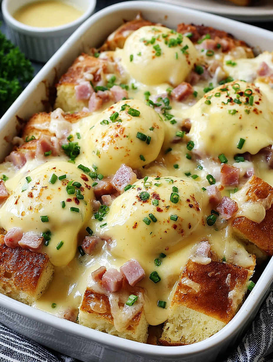 A dish of eggs benedict casserole.
