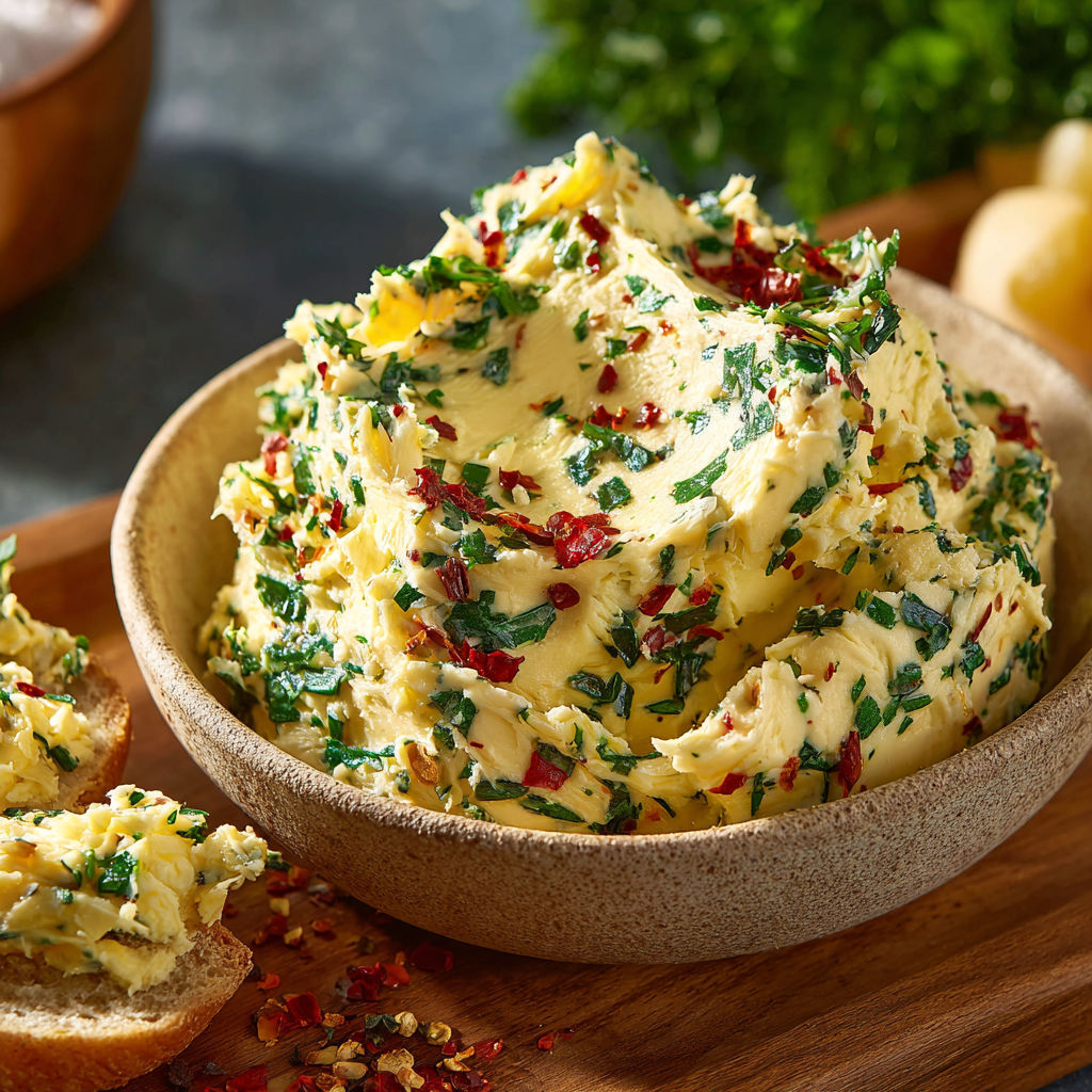 A bowl of cowboy butter with a spoon in it.
