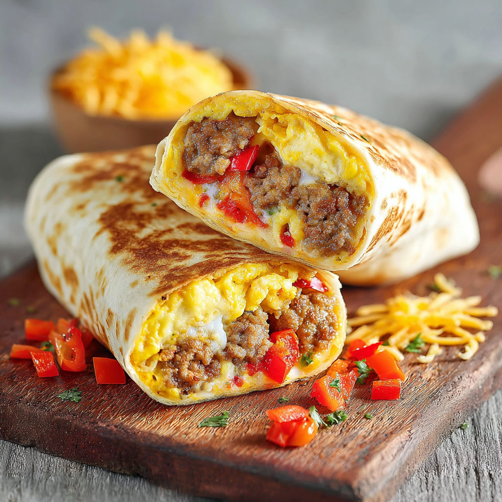 A breakfast burrito with eggs and cheese.