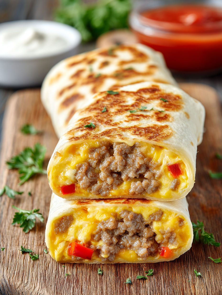 Two burritos filled with meat and vegetables.