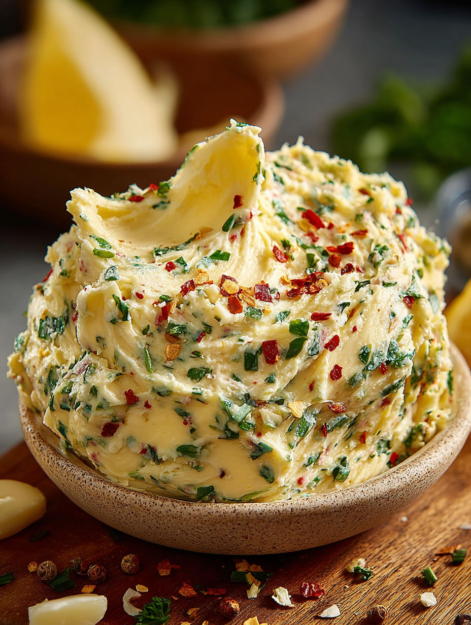 A bowl of butter with green herbs on top.