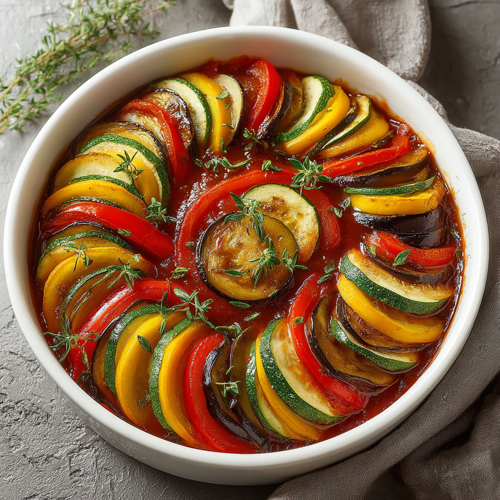 A baked Ratatouille Casserole with a variety of vegetables.