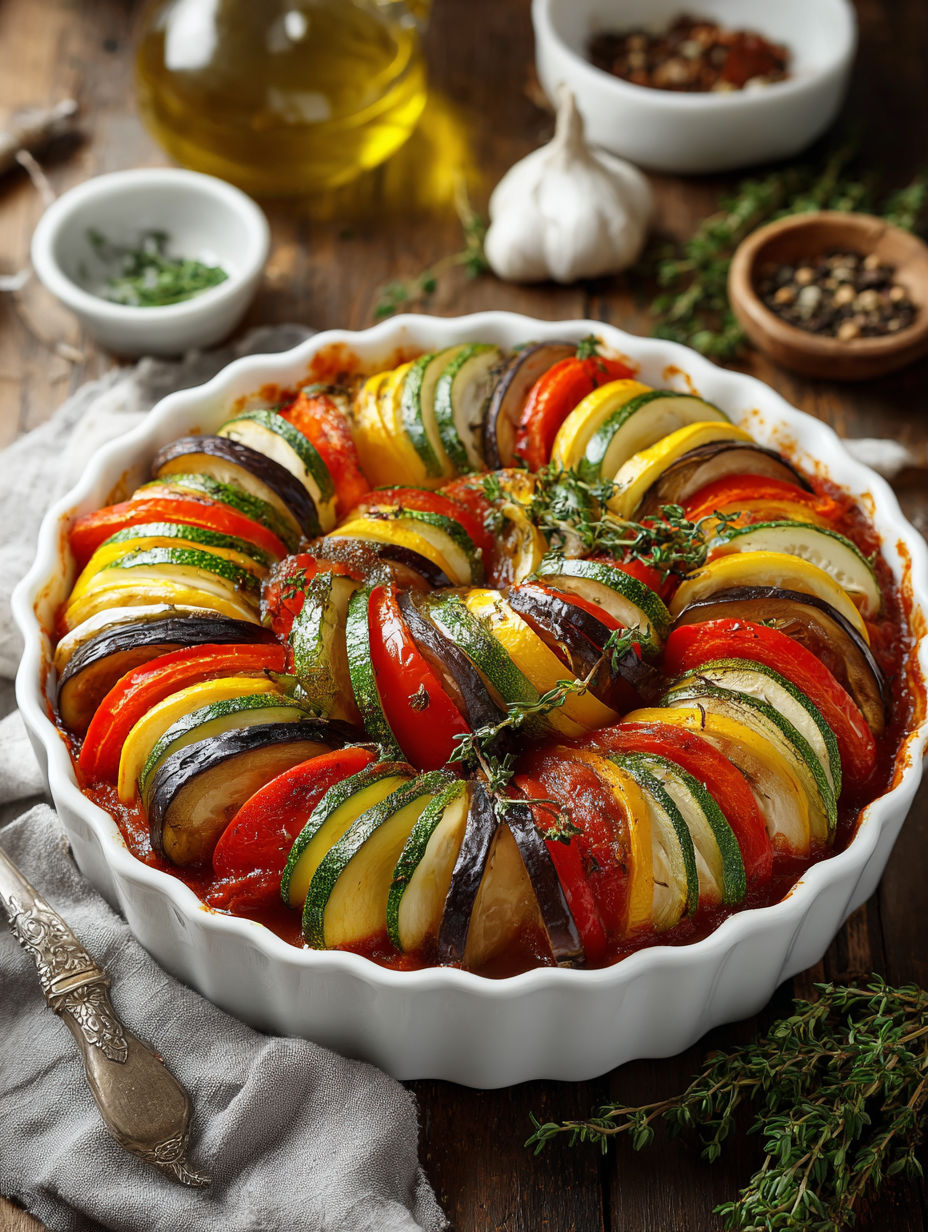 A baked Ratatouille Casserole with a variety of vegetables.